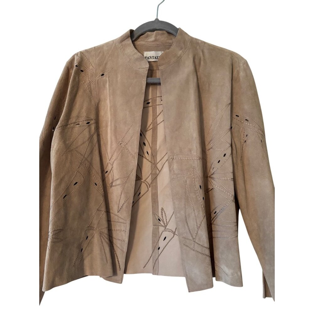 Vintage Fantazia Womens Beige Suede Jacket Embroidered Leaf Cutout Open Front